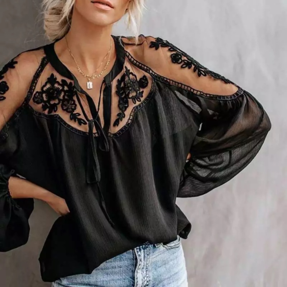 SOLD OUT Black Lace Sheer Tie Front Peasant Boho Top Blouse - Picture 1 of 4